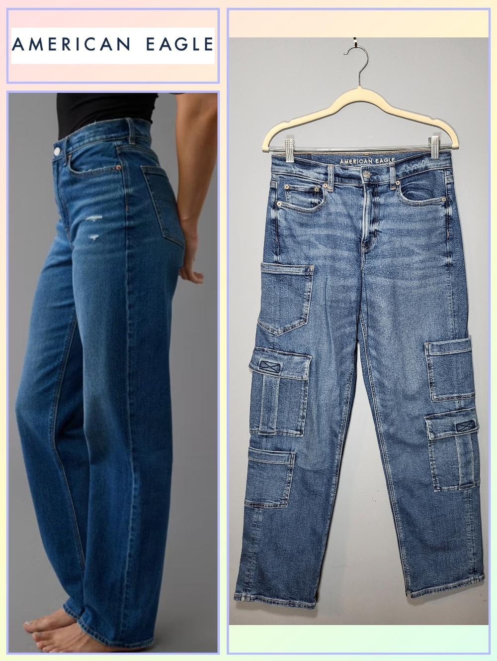 American Eagle Outfitters Sz 4 Super High Rise Baggy StraightLight Blue Cargo
